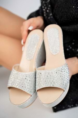 BulutMod BA04266 Gümüş Kadın Taşlı Abiye Gelinlik Günlük Dolgu 9cm Topuklu Terlik - Gümüş - 37