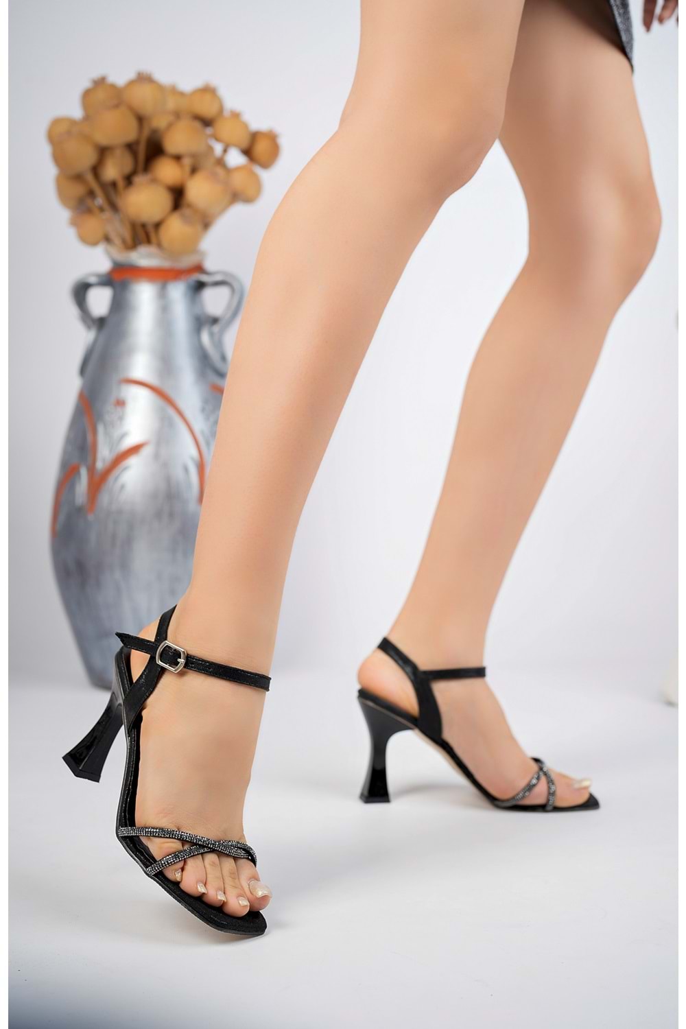 BulutMod Siyah Kadın Sargı Taşlı Abiye Klasik Topuklu Ayakkabı - Siyah - 36 - BA04283-Siyah-36