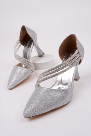 BulutMod BA04412 Gümüş Simli Kadın Üç Taşlı Yanı Açık 8 Cm Topuklu Ayakkabı - 37