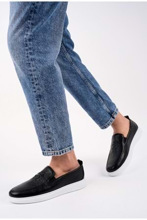 BulutMod Siyah Armalı Hakiki Deri Erkek Yazlık Günlük Loafer Ayakkabı - Siyah - 43