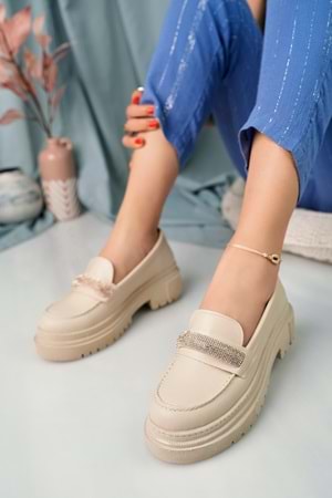 BulutMod Ten Kadın Taşlı Laofer Kalın Taban Günlük Babet - Ten - 40