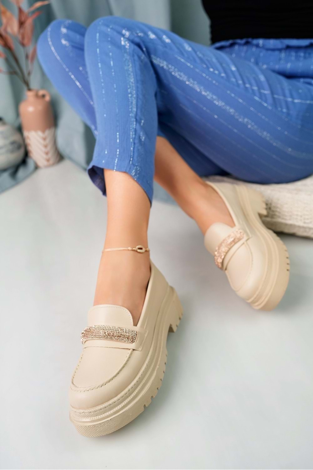 BulutMod Ten Kadın Taşlı Laofer Kalın Taban Günlük Babet - Ten - 40