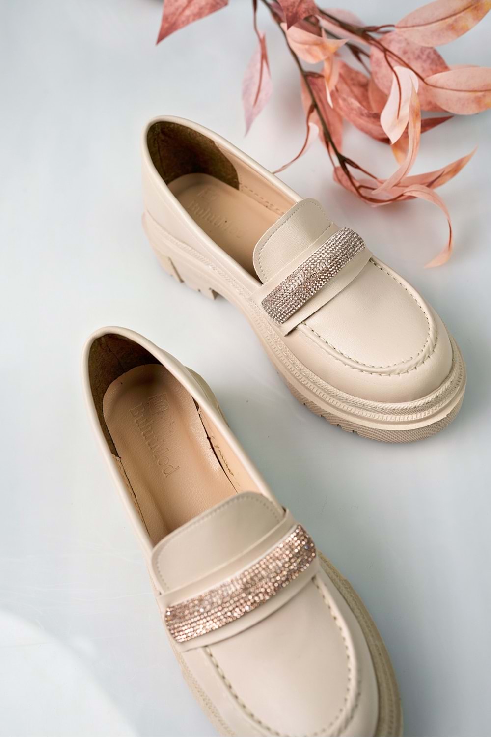 BulutMod Ten Kadın Taşlı Laofer Kalın Taban Günlük Babet - Ten - 40