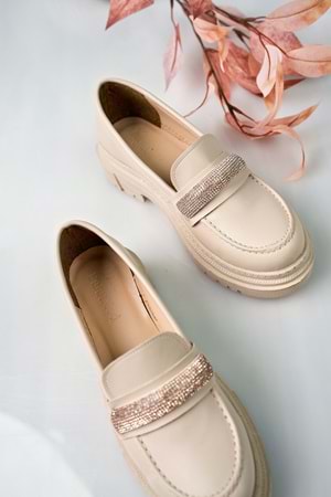 BulutMod Ten Kadın Taşlı Laofer Kalın Taban Günlük Babet - Ten - 40