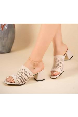 BulutMod BA04467 Krem Kadın Delikli Triko Günlük Kare 6 Cm Deri Topuklu Terlik - Krem