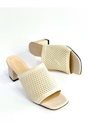 BulutMod BA04467 Krem Kadın Delikli Triko Günlük Kare 6 Cm Deri Topuklu Terlik - Krem