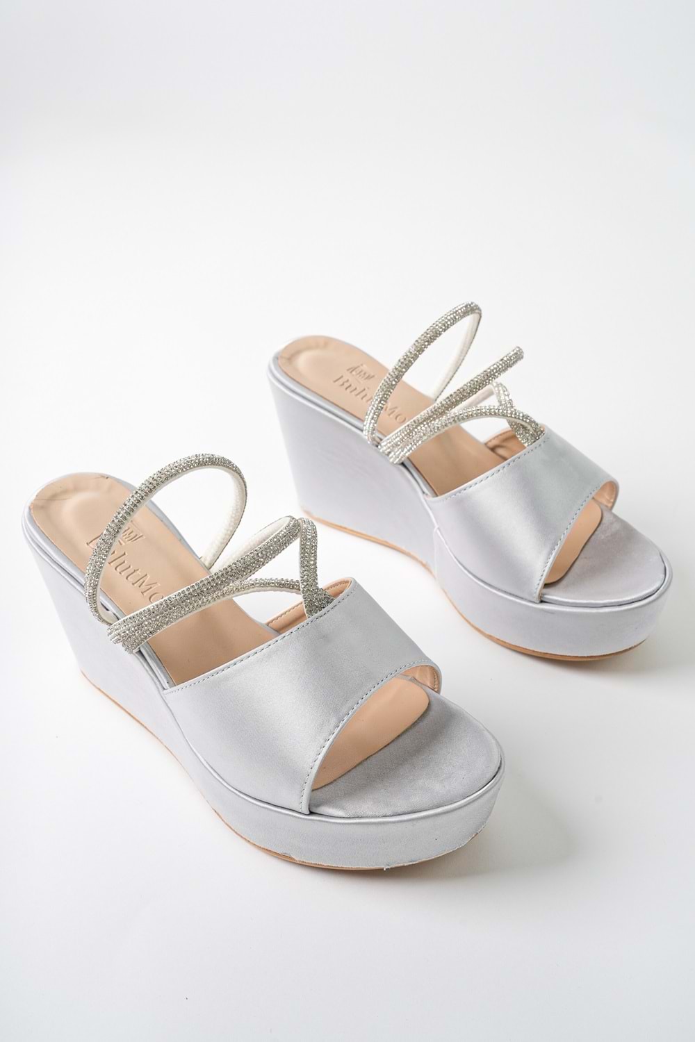 BulutMod BA04482 Gümüş Kadın saten Sargı Taşlı Günlük Abiye Dolgu Topuklu Terlik - Gümüş - 38