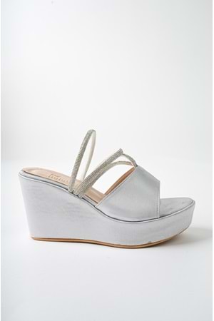 BulutMod BA04482 Gümüş Kadın saten Sargı Taşlı Günlük Abiye Dolgu Topuklu Terlik - Gümüş - 38