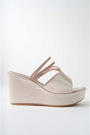 BulutMod BA04482 Ten Kadın saten Sargı Taşlı Günlük Abiye Dolgu Topuklu Terlik - Ten - 38