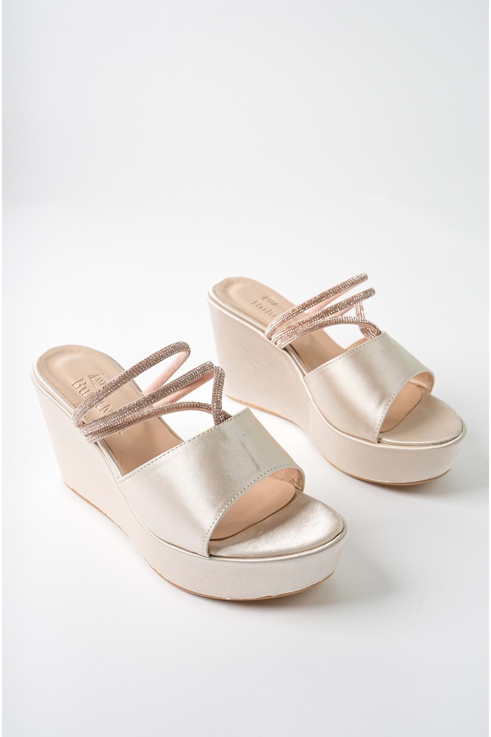 BulutMod BA04482 Ten Kadın saten Sargı Taşlı Günlük Abiye Dolgu Topuklu Terlik - Ten - 38