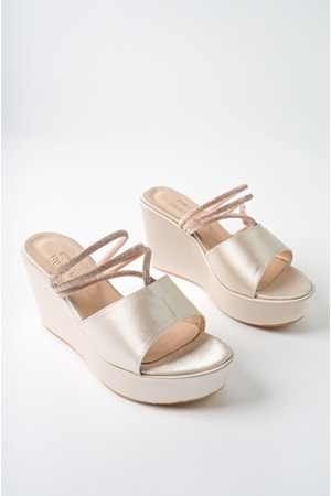 BulutMod BA04482 Ten Kadın saten Sargı Taşlı Günlük Abiye Dolgu Topuklu Terlik - Ten - 38