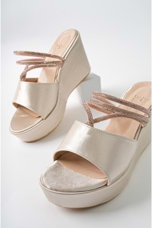 BulutMod BA04482 Ten Kadın saten Sargı Taşlı Günlük Abiye Dolgu Topuklu Terlik - Ten - 38