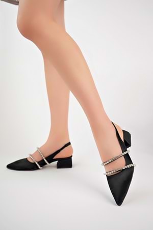 BulutMod BA04490 Siyah Kadın Çift Şerit Taş Abiye Kısa Klasik Topuklu Ayakkabı - Siyah - 38