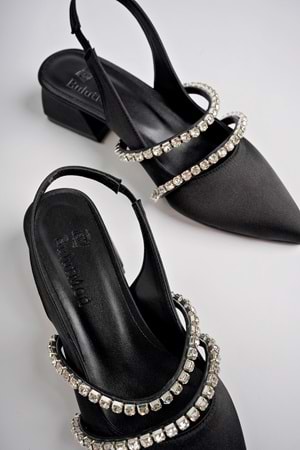 BulutMod BA04490 Siyah Kadın Çift Şerit Taş Abiye Kısa Klasik Topuklu Ayakkabı - Siyah - 38