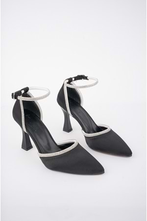 BulutMod BA04491 Saten Siyah Kadın Ense Bilek Taşlı Önü Kapalı Abiye Topuklu Ayakkabı - Siyah - 39