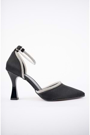 BulutMod BA04491 Saten Siyah Kadın Ense Bilek Taşlı Önü Kapalı Abiye Topuklu Ayakkabı - Siyah - 39