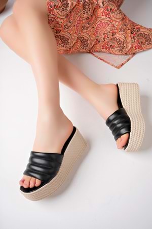 BulutMod Siyah Kadın Yumuşak Deri Günlük Ortopedik Dolgu Topuklu Terlik - Siyah - 36