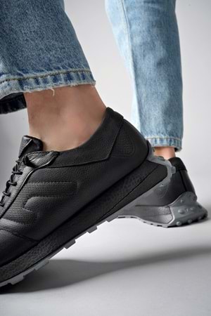 BulutMod Siyah BA04499 Erkek Hakiki Deri Lastik Bağcıklı Jel Topuk Spor Ayakkabı - Siyah - 44