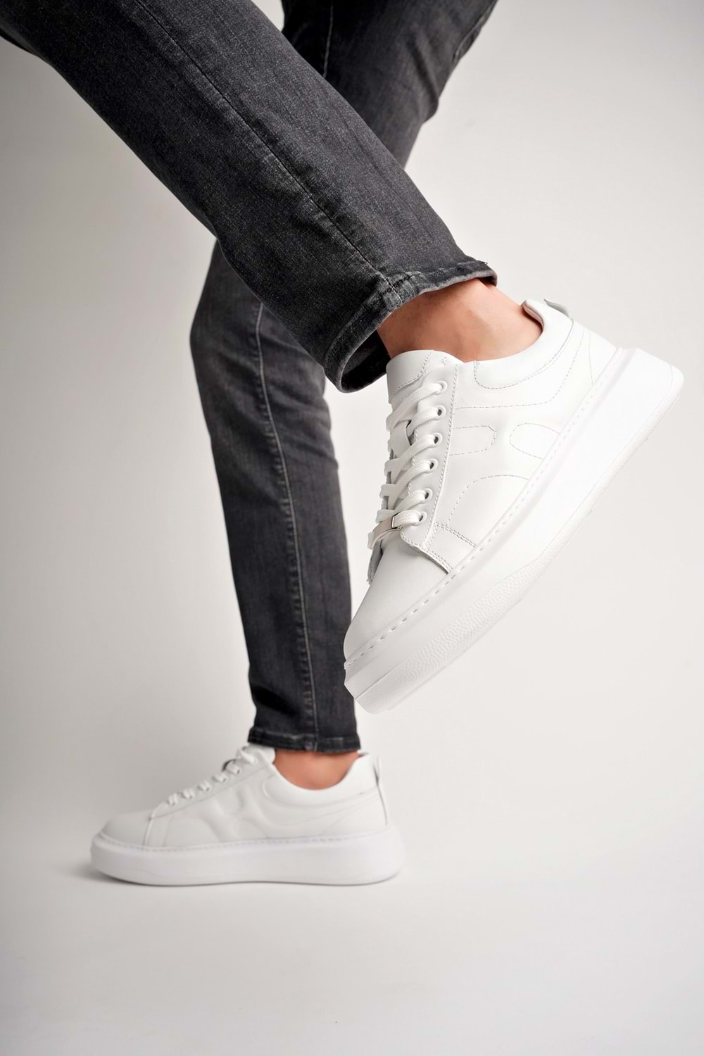 BulutMod BA04507 Beyaz Deri Erkek H Baskı Hakiki Deri Günlük Spor Ayakkabı - Beyaz Deri