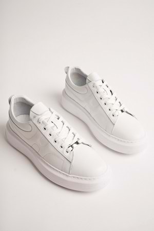 BulutMod BA04507 Beyaz Deri Erkek H Baskı Hakiki Deri Günlük Spor Ayakkabı - Beyaz Deri