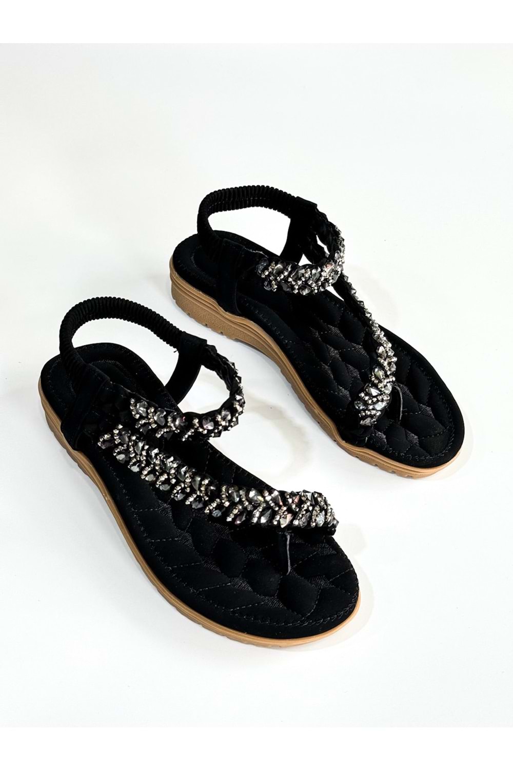 Guja BA04521 Siyah Taşlı Parmak Arası Ful Ortopedik İthal Lastikli Sandalet - Siyah - 40