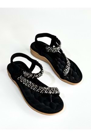 Guja BA04521 Siyah Taşlı Parmak Arası Ful Ortopedik İthal Lastikli Sandalet - Siyah - 40