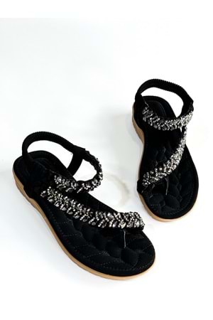 Guja BA04521 Siyah Taşlı Parmak Arası Ful Ortopedik İthal Lastikli Sandalet - Siyah - 40