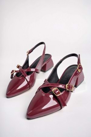 BulutMod BA04532 Bordo Kadın Rugan Çapraz Kemer Tokalı Günlük 4cm Topuklu Ayakkabı - Bordo - 38