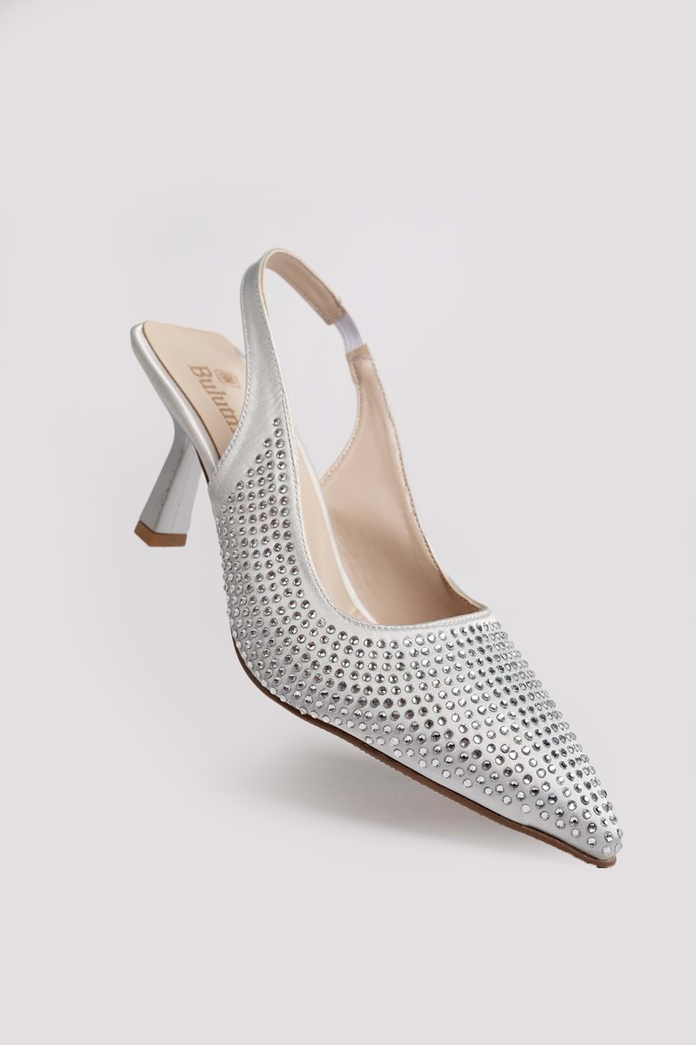 BulutMod BA04534 Gümüş Kadın Taşlı Abiye Lastikli Klasik 7cm Topuklu Ayakkabı - Gümüş - 36