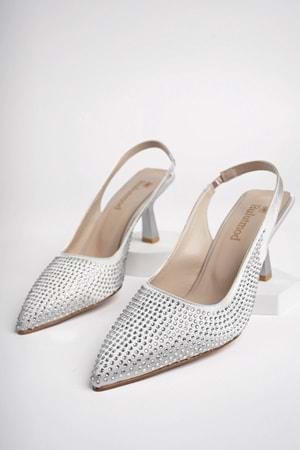 BulutMod BA04534 Gümüş Kadın Taşlı Abiye Lastikli Klasik 7cm Topuklu Ayakkabı - Gümüş - 40