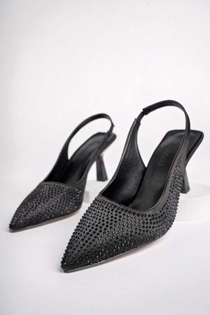 BulutMod BA04534 Siyah Kadın Taşlı Abiye Lastikli Klasik 7cm Topuklu Ayakkabı - Siyah - 37