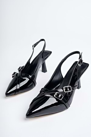 BulutMod BA04559 Siyah Kadın Çapraz Toka Arkası Açık Klasik Topuklu Ayakkabı