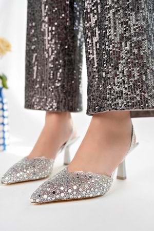 BulutMod BA04565 Gümüş Kadın Damla Taşlı Şeffaf Lastikli 7 Cm Topuklu Ayakkabı