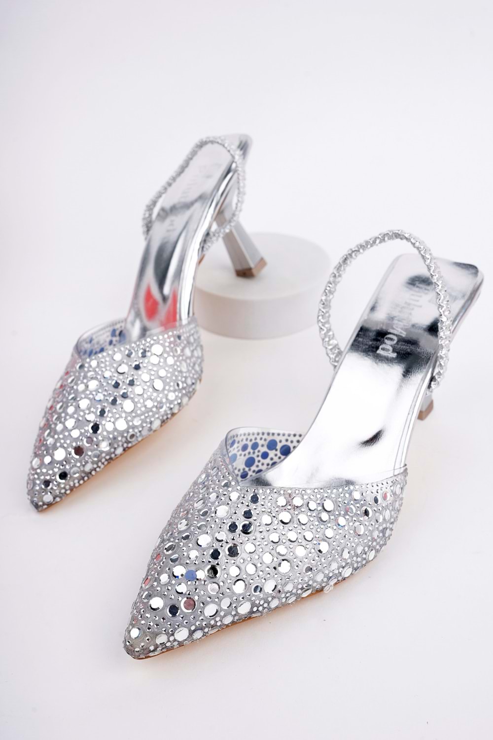 BulutMod BA04565 Gümüş Kadın Damla Taşlı Şeffaf Lastikli 7 Cm Topuklu Ayakkabı