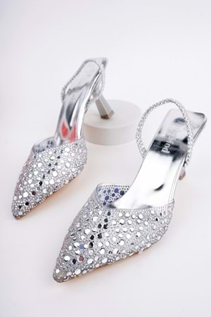 BulutMod BA04565 Gümüş Kadın Damla Taşlı Şeffaf Lastikli 7 Cm Topuklu Ayakkabı