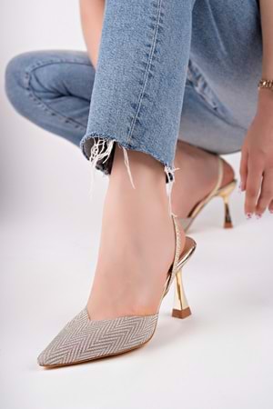 BulutMod BA04567 Altın Kadın Pul Simli Şeffaf Lastikli Abiye 9 Cm Topuklu Ayakkabı