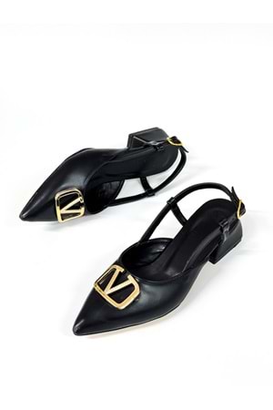 BulutMod BA04578 Siyah Kadın V Toka Yanı Açık Klasik 3Cm Topuklu Ayakkabı - 36