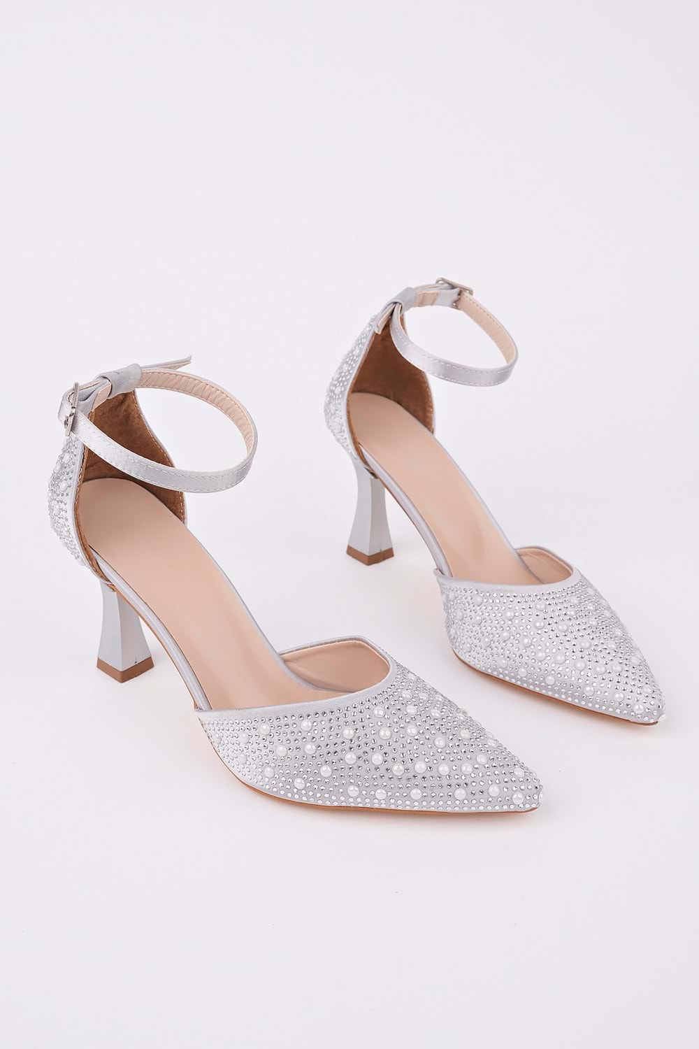 BulutMod BA04583 Gümüş Kadın Damla İnci Taş Abiye Klasik 8 Cm Topuklu Ayakkabı - 39