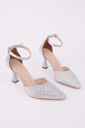 BulutMod BA04583 Gümüş Kadın Damla İnci Taş Abiye Klasik 8 Cm Topuklu Ayakkabı - 39