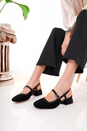 BulutMod BA04584 Siyah Kadın Kemer Lastikli Kare Burun 3 Cm Topuklu Ayakkabı - 38