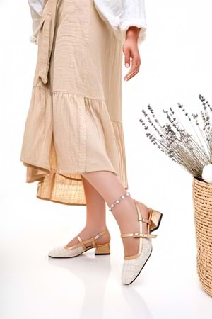 BulutMod BA04584 Gold Ten Kadın Kemer Lastikli Kare Burun 3 Cm Topuklu Ayakkabı - 40