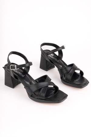 BulutMod BA04590 Siyah Kadın Çapraz Kare Burun Platform 6 Cm Topuklu Ayakkabı - 40