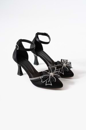 BulutMod BA04592 Siyah Kadın Taşlı Fiyonklu 8 Cm Topuklu Ayakkabı - 39