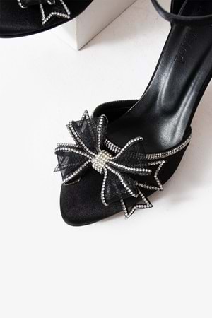 BulutMod BA04592 Siyah Kadın Taşlı Fiyonklu 8 Cm Topuklu Ayakkabı - 39