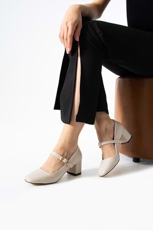 BulutMod BA04593 Bej Kadın Cilt Toka Kemer 5 Cm Topuklu Ayakkabı - 38