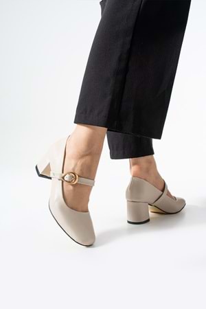 BulutMod BA04593 Bej Kadın Cilt Toka Kemer 5 Cm Topuklu Ayakkabı - 38