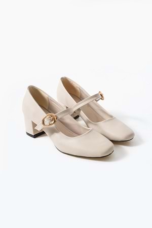 BulutMod BA04593 Bej Kadın Cilt Toka Kemer 5 Cm Topuklu Ayakkabı - 38