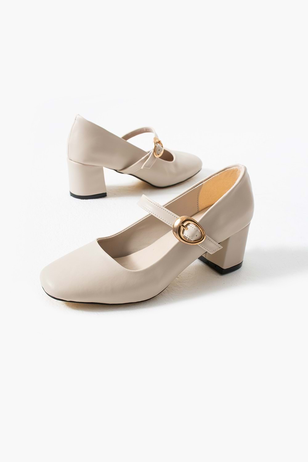 BulutMod BA04593 Bej Kadın Cilt Toka Kemer 5 Cm Topuklu Ayakkabı - 38