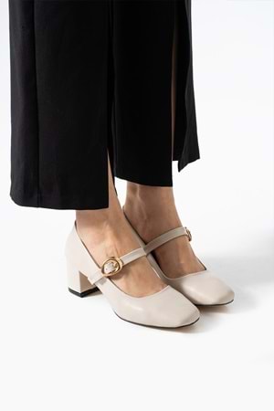 BulutMod BA04593 Bej Kadın Cilt Toka Kemer 5 Cm Topuklu Ayakkabı - 41