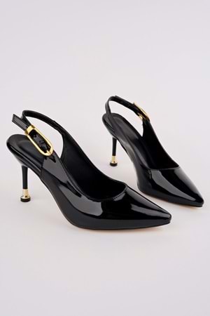 BulutMod BA04596 Siyah Rugan Kadın Abiye Klasik Sivri Gold Topuklu Ayakkabı - 39